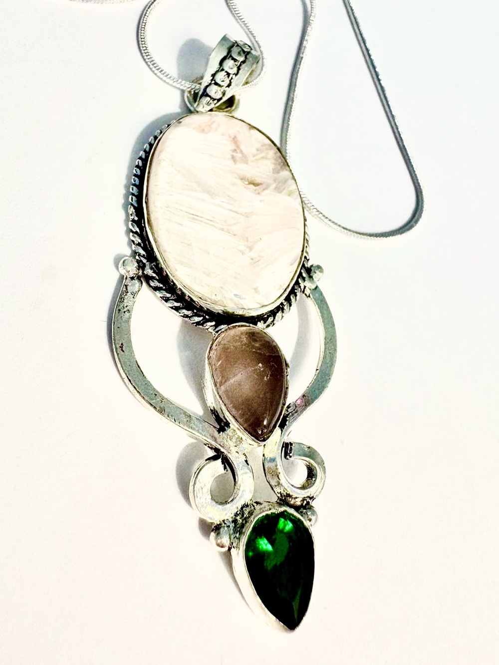 3 inch, 925 marked,Scolecite, Rose, Quartz and Peridot pendant on a silver chain